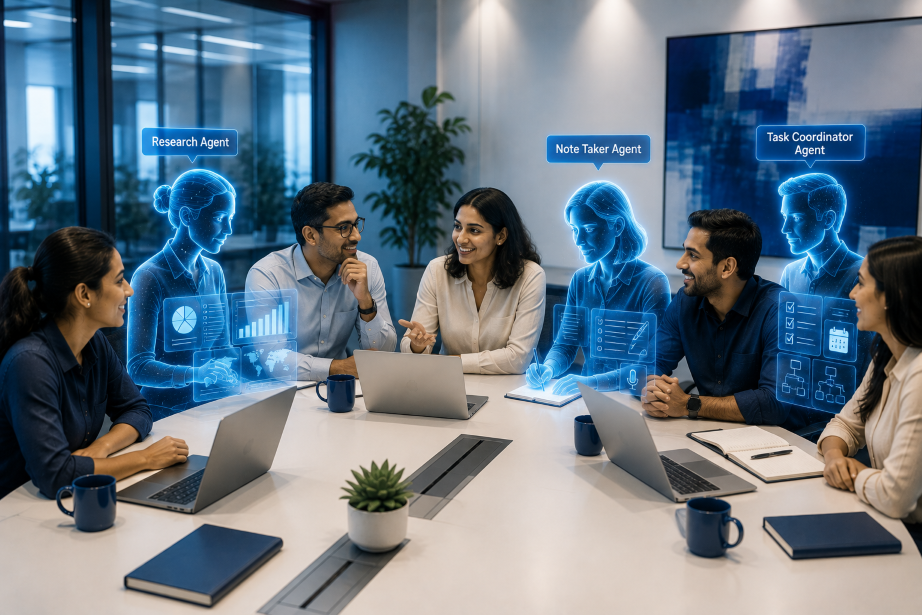 Digital team members and human team members in a meeting